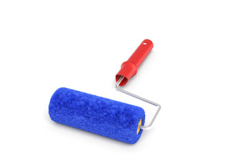 3d rendering of a paint roller in front view with a red handle and a blue fluffy cover.