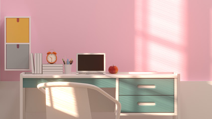 Shelves hang on pink wall book and notebook and fruit apple and pen on the table colurful 3D rendering decoration in front of pink wall with sunlight.