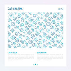 Fototapeta na wymiar Car sharing concept with thin line icons of mobile app, driver's license, key, blocked car, pointer, available car, searching of car. Vector illustration for banner, web page, print media.