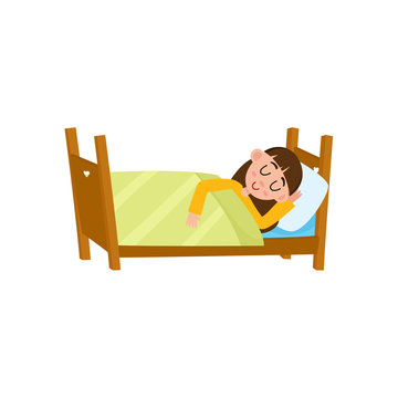 vector flat cartoon children at summer camp concept. Girl kid having rest sleeping in bed under yellow blanket. Isolated illustration on a white background.