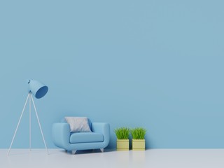 Modern living room interior with blue wall and blue armchair. 3d rendering.