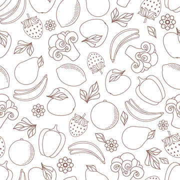 vector flat sketch style fresh ripe fruits, vegetables monochrome seamless pattern. Apple, lime bellpepper apple, watermelon pear, orange strawberry banana, broccoli. Isolated illustration