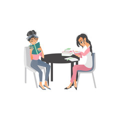 vector cartoon people reading books. Beautiful women in casual clothing sitting at chairs at circle table with books at home or library. Isolated illustration white background