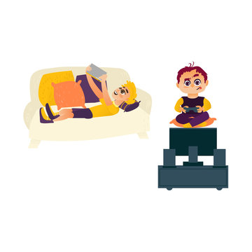 vector flat cartoon teen boy playing video console game by joystick sitting near tv panel stand, kid using laptop Isolated illustration on a white background. modern digital visual technology concept