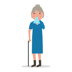 Vector cartoon old woman caught cold sneezing, ill
