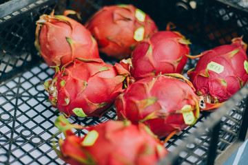 Fresh Dragon fruit or pitaya in the basket.