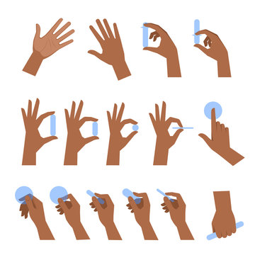 Various gestures of black human hands isolated on a white background. Flat illustration set of afro-american hands holding objects in a different situations. Vector design element for infographic, web