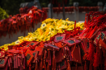 Good luck wishes hanged in a temple alley in Pingyao, China