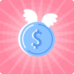 The dollar coin concept illustration. Flat illustration of coin with wings and dollar sign. Vector design element on the colorful background. The profit, win, prize, income, earnings, success concept.