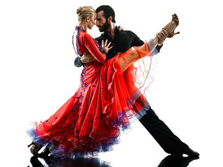 one caucasian man and woman couple ballroom tango salsa dancer dancing in studio silhouette isolated on white background - obrazy, fototapety, plakaty