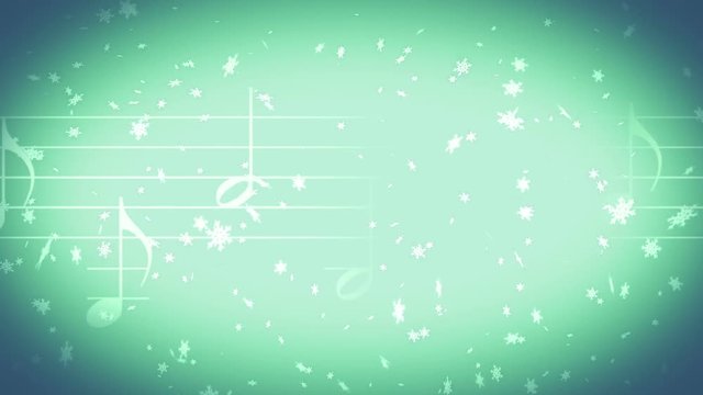 Snow flakes and music notes across Christmas holiday looping abstract animated backdrop