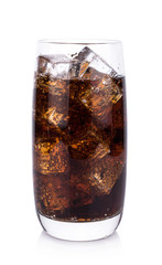 Cola in glass with ice cubes on white background