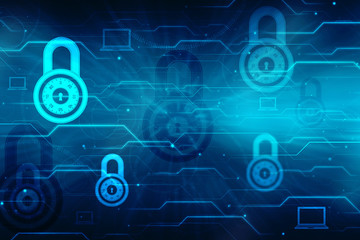Security concept: Lock on digital screen, cyber security concept background. 3d render