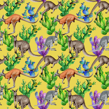 Exotic kangaroo wild animal pattern in a watercolor style. Full name of the animal: kangaroo, wallaroo, wallaby. Aquarelle wild animal for background, texture, wrapper pattern or tattoo.