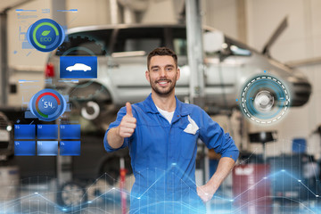 happy auto mechanic man or smith at car workshop