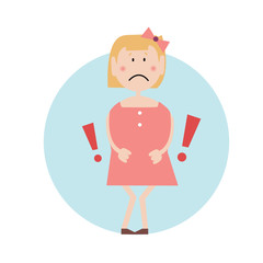 Upset girl presses hands against her stomach as if in pain. Signs of a madical condition. Isolated flat illustration on white backgroud. Cartoon vector image.