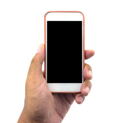 Hand holding white smart phone isolated over white background