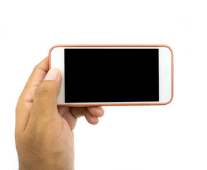 Hand holding white smart phone isolated over white background