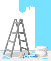 Interior design concept room cluttered with building tools and a sketch drawn on the wall on white background Vector illustration Web site page and mobile app design