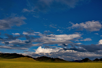 Sunset in the steppes of the Altai mountains