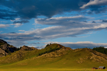 Sunset in the steppes of the Altai mountains