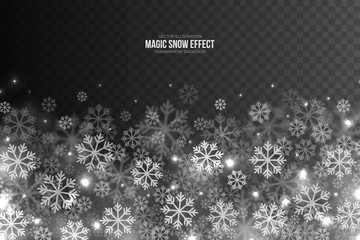 Vector Magic Falling Snow Effect with White Realistic Flying Snowflakes and Lights Overlay on Transparent Background. Merry Christmas Abstract Illustration. Xmas Design Element