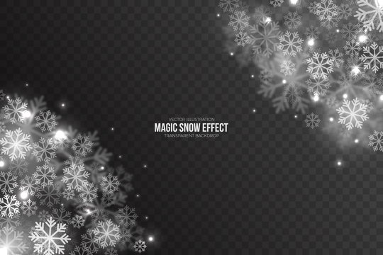 Vector Magic Falling Snow Effect with White Realistic Flying Snowflakes and Lights Overlay on Transparent Background. Merry Christmas Abstract Illustration. Xmas Design Element