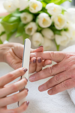 Close-up of the hands of a qualified manicurist filing the nails of a young woman