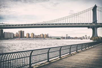 Retro old film stylized picture of Manhattan Bridge, New York, USA.