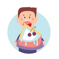Hungry thick guy taking a big bite of large creamy dessert. Isolated flat illustration on white backgroud. Cartoon vector image.