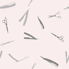 Barbershop tools seamless pattern: razors, scissors