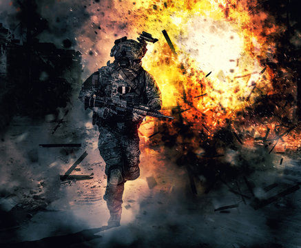 Army soldier in action. Great explosion with fire and smoke billows