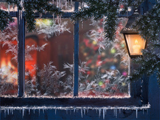 Beautiful Christmas window. Snow, lights a lantern, icicles. Through the window you can see the room with the fireplace and the Christmas tree