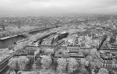 Infrared aerial view of Paris skyline and Seine river from the top of Eiffel Tower - France