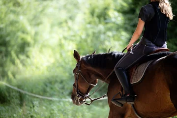 Foto op Canvas Portrait of young woman riding her horse © NDABCREATIVITY