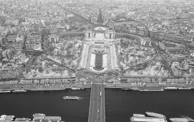 Infrared aerial view of Trocadero Square and Seine river from the top of Eiffel Tower - Paris, France