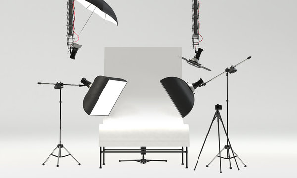 photo studio with professional pack shot table and lighting equipment. front view, 3D Rendering