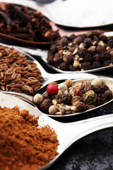Various spices and spoons on dark table.