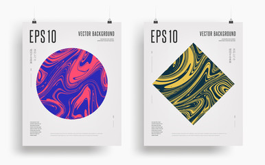 Set of modern artistic posters. Colorful abstract fluid backgrounds in the form of different geometric figures. Trendy design. Eps10 vector illustration