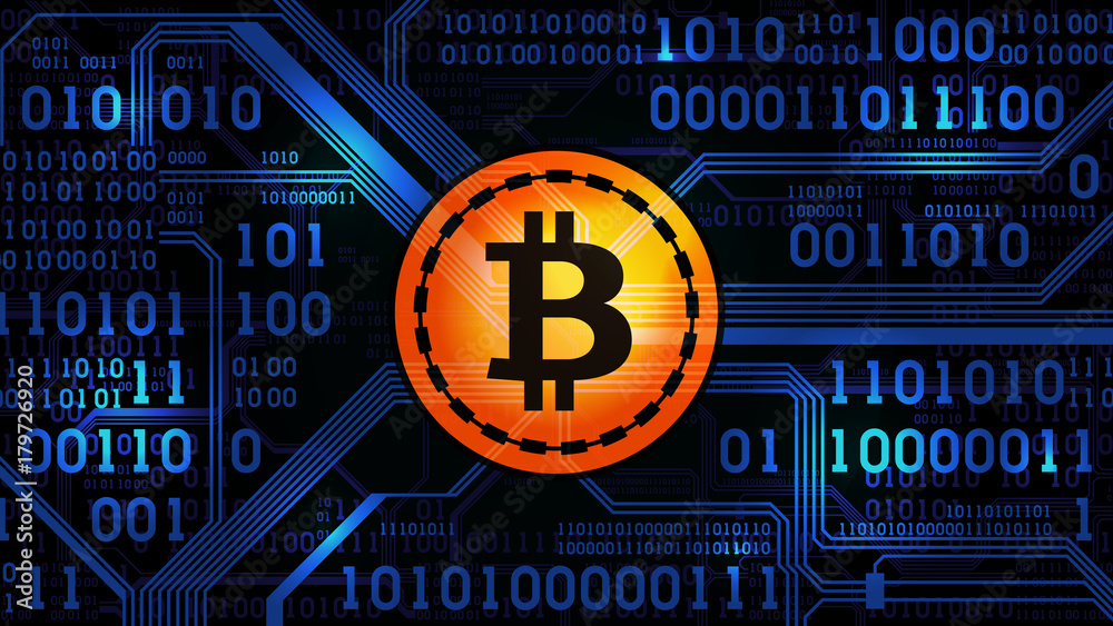 Poster symbol of crypto currency bitcoin on the background of binary code and printed circuit board, well o