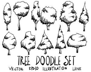 Set of Tree illustration Hand drawn doodle Sketch line vector eps10