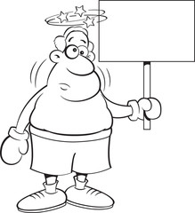 Black and white illustration of a dizzy boxer holding a sign.