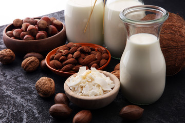 Alternative types of milks. Vegan substitute dairy milk