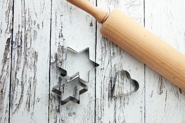 Baking utensils for cookie on wooden background