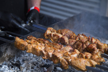 Shashlyk barbeque meat on skewers