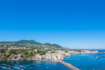 Panoramic view of Ischia town, Ischia Ponte, Ischia, Phlegrean Islands, Tyrrhenian Sea, Italy, South Europe