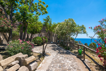 A summer day visiting Aragonese Castle and looking toward Capri and Vesuvi Ischia Ponte, Ischia, Phlegrean Islands, Tyrrhenian Sea, Italy, South Europe