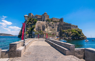Fototapeta na wymiar A summer day visiting Aragonese Castle and looking toward Capri and Vesuvi Ischia Ponte, Ischia, Phlegrean Islands, Tyrrhenian Sea, Italy, South Europe