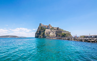 A summer day visiting Aragonese Castle and looking toward Capri and Vesuvi Ischia Ponte, Ischia, Phlegrean Islands, Tyrrhenian Sea, Italy, South Europe