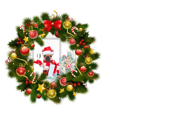 Fototapeta na wymiar Christmas decoration border with firtree,bell and ball on white
